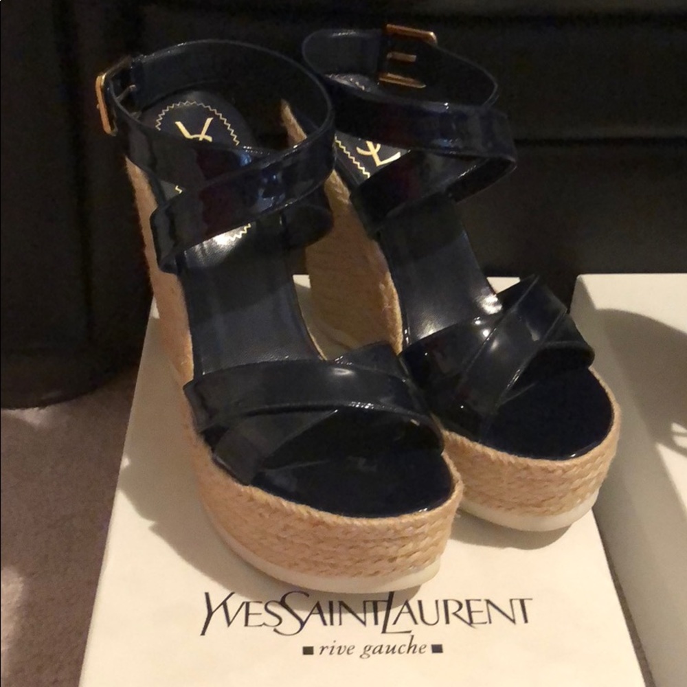 YSL Malo Blue Patent Leather Wedges